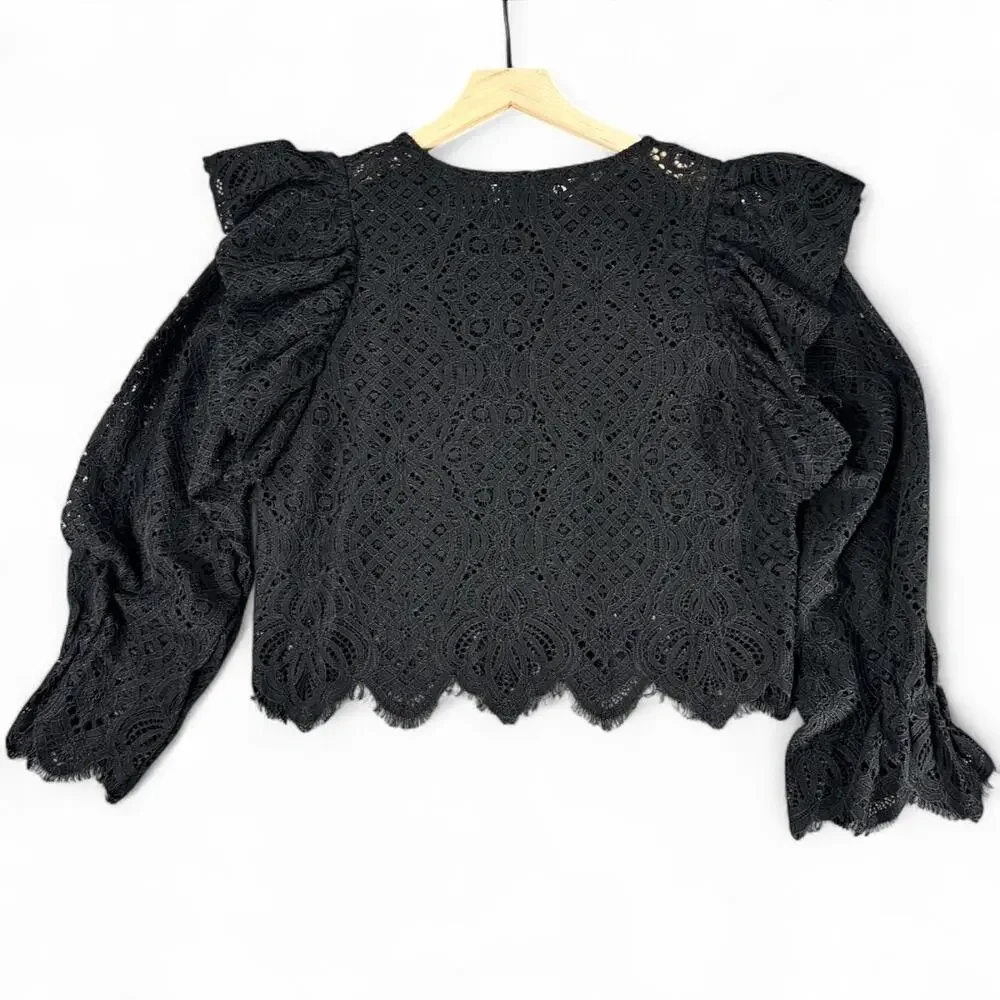 Zara Black Lace Ruffle Flounce Sleeve Blouse M‎ Romantic Whimsigoth Witchy Sheer